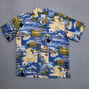 David Carey Originals Shirt Men L Blue Alaska Map Wildlife Button Up Cruise Ship